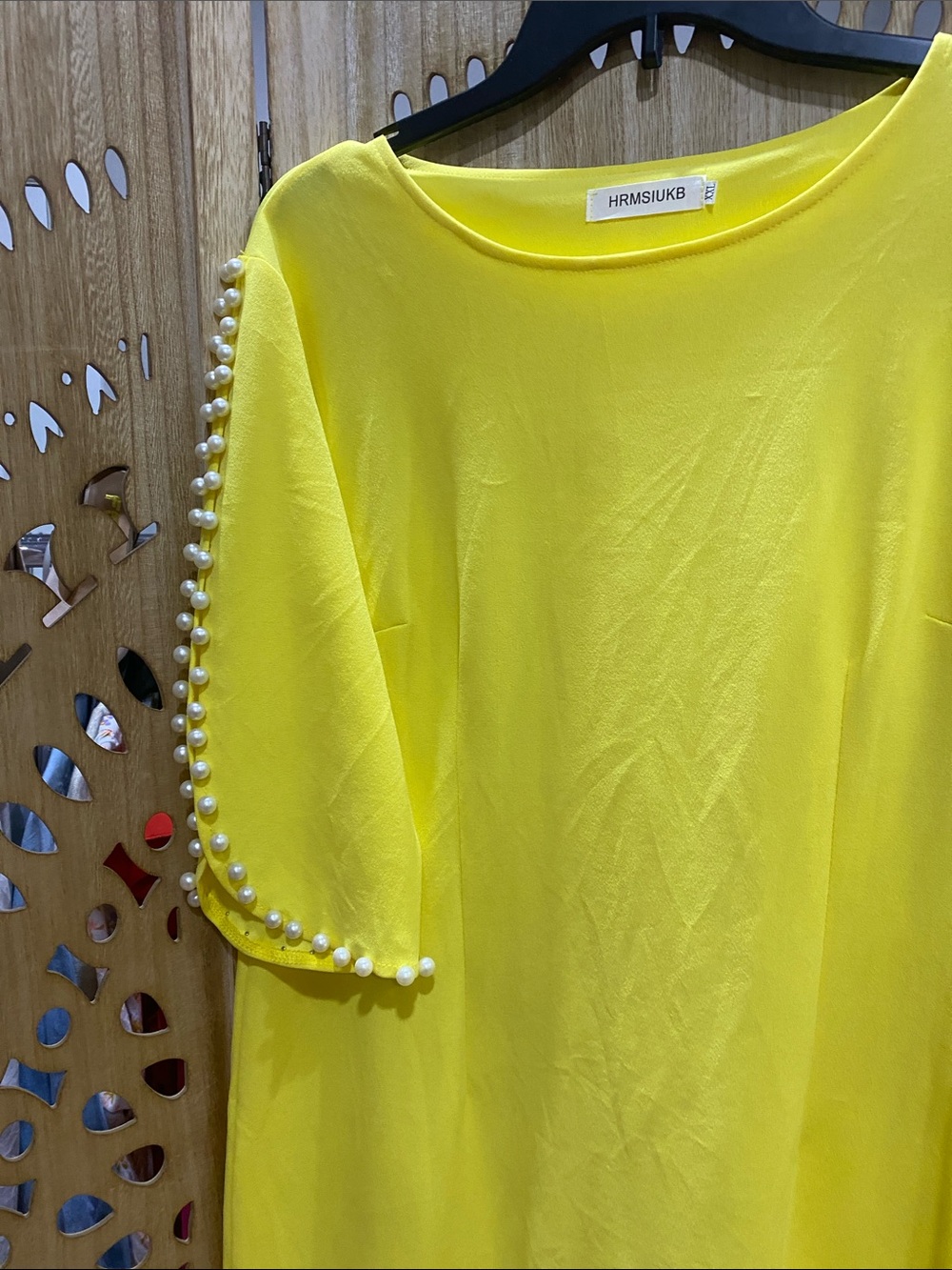 Yellow Midi Dress with Pearl-Trim Sleeves - Picture 6 of 7